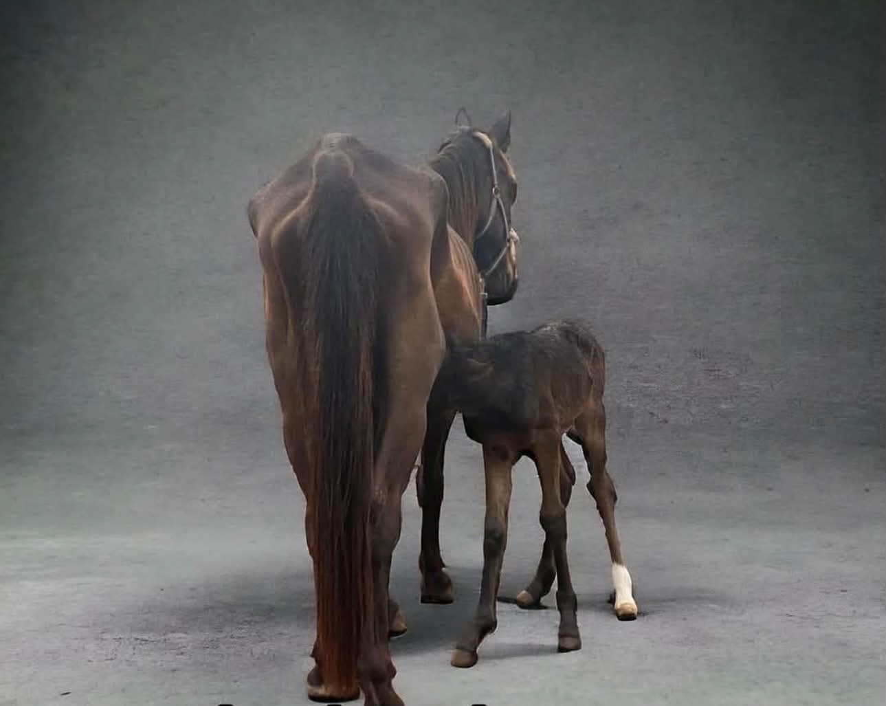 Oonagh with her newborn foal standing close by her side
