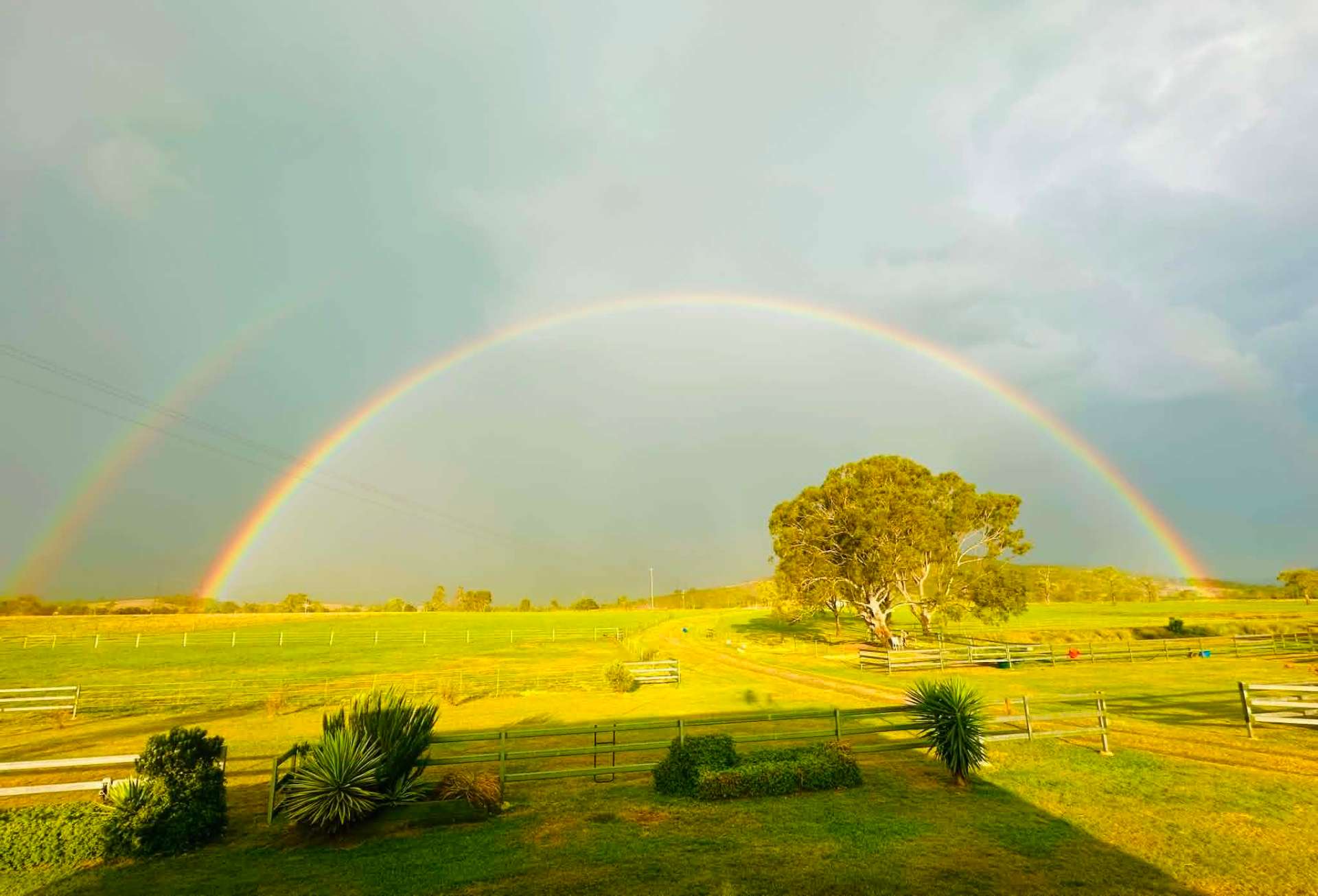 Double rainbow arching over the sanctuary paddocks