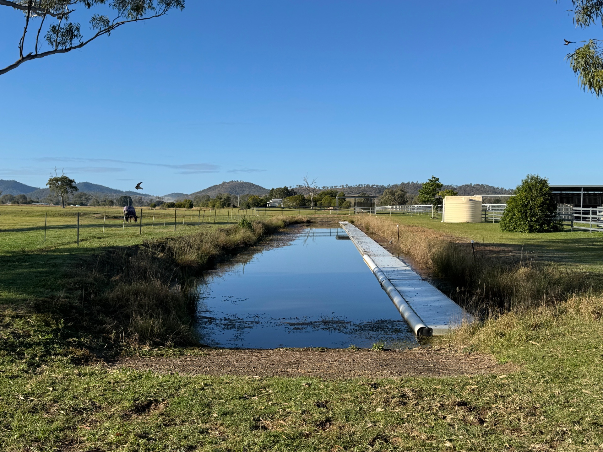 Sanctuary dam with the hills and stables beyond under a clear blue sky