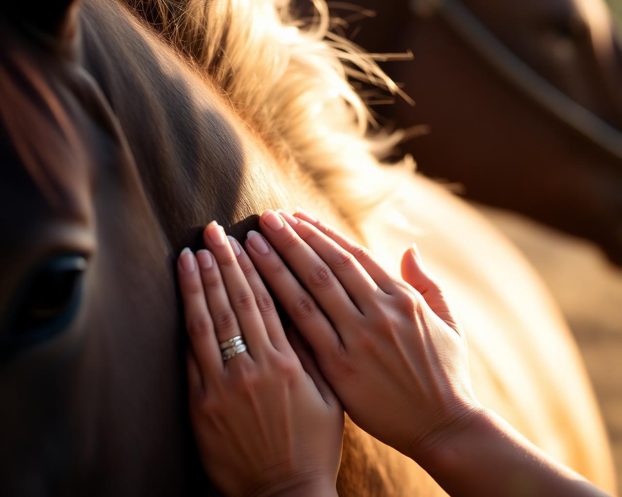 Hands gently brushing a horse's neck